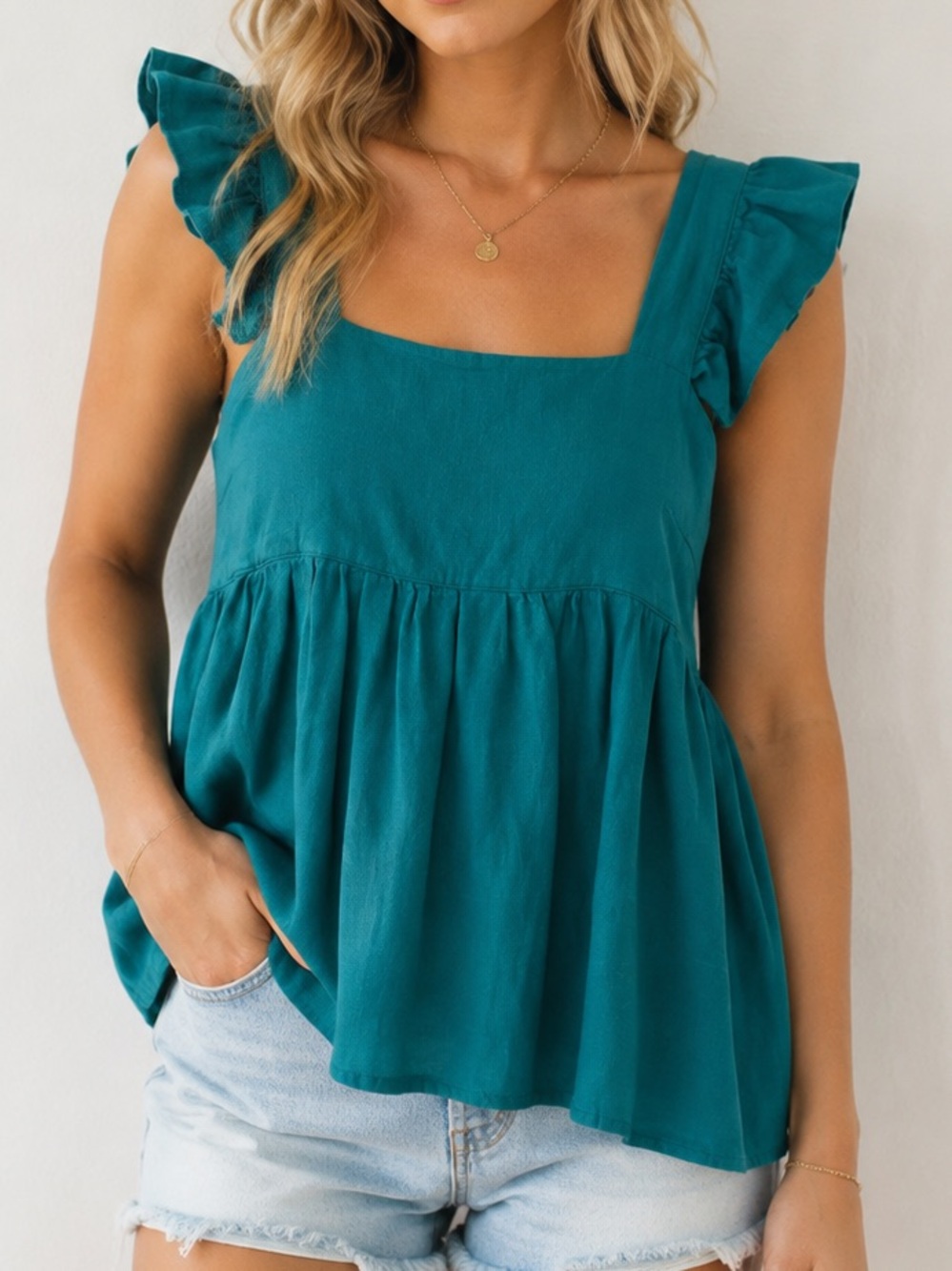 Umgee Boho Teal Ruffle‎ Sleeve Women's Top Size Small